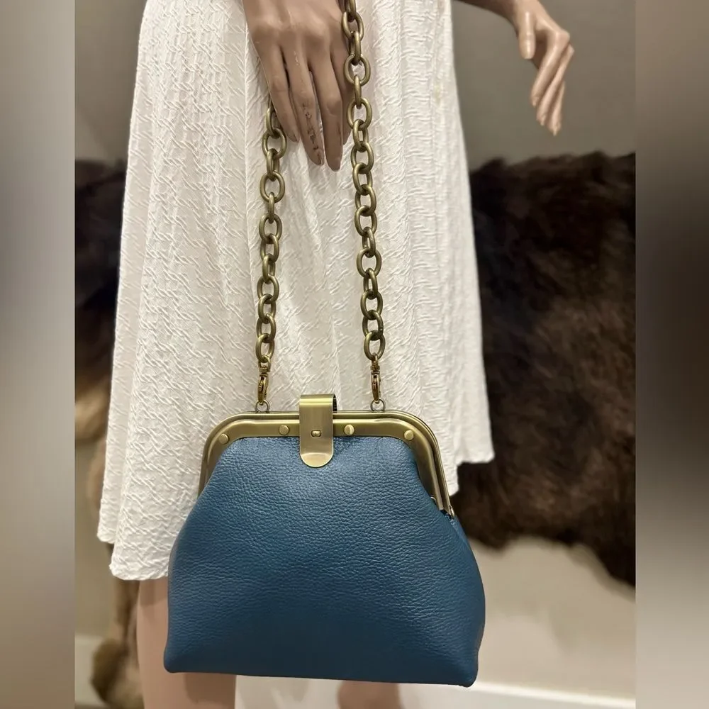 Blue Premium Pebble Leather Handmade Unique Rivet Metal Frame Handbag/Crossbody